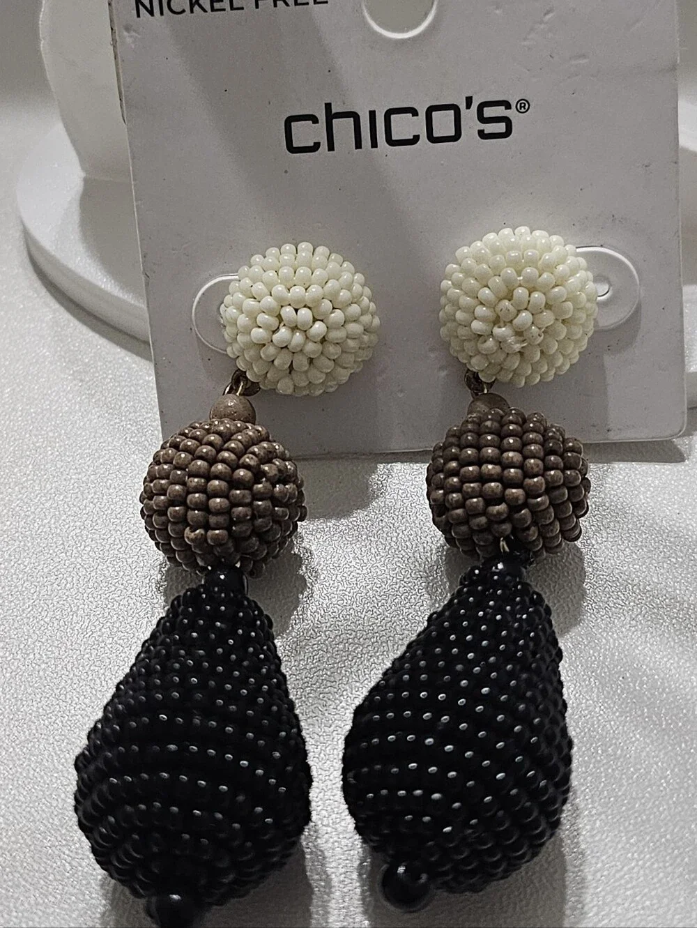 Chico's Triple Beaded Drop Earrings in Cream, Brown & Black